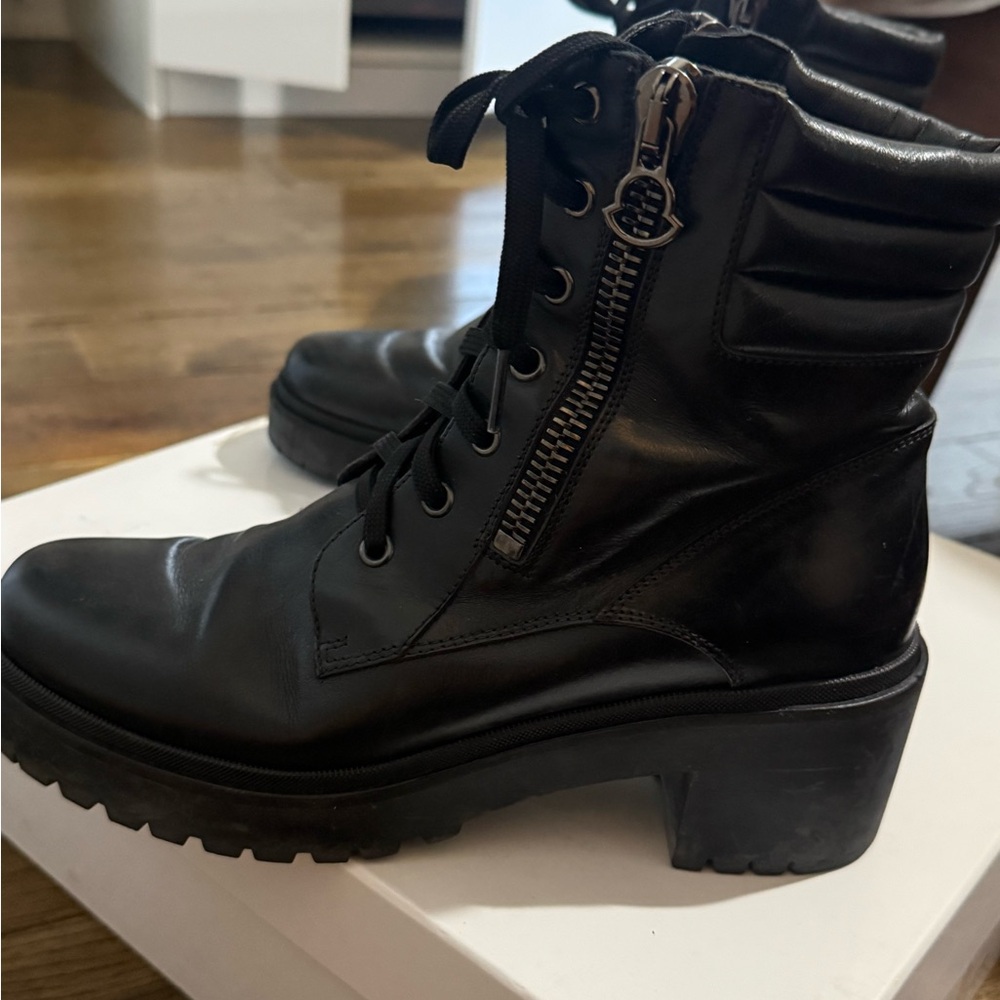 Moncler Black Leather Lug-Platform Combat Boots with Side Zip - Picture 2 of 5